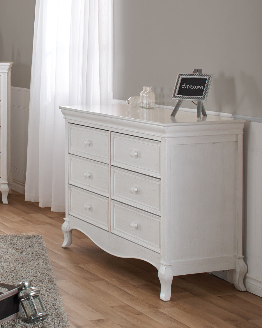 Diamante Double Dresser - Sustainable Hardwood, Self-Closing Drawers, Vintage White Nursery Storage Solution