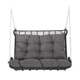 Arruda Outdoor Wicker Porch Swing with Cushions, Gray and Dark Gray Noble House