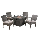 Cordoba Patio Fire Pit Set, 4-Seater with Club Chairs, Wicker with Outdoor Cushions, Gray and Light Gray Noble House