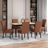 Pertica Contemporary Upholstered T-Stitch Dining Chairs (Set of 6), Cognac Brown Faux Leather and Espresso Noble House