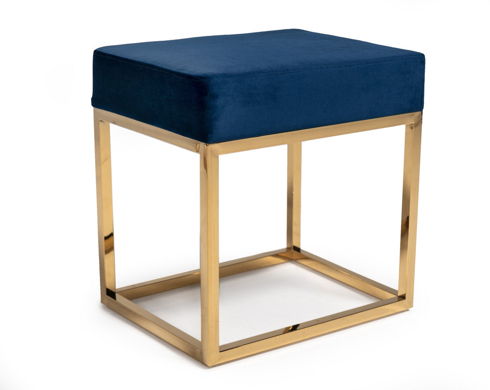 VIG Furniture Modrest Downey Modern Blue Velvet & Gold Stool Ottoman VGFH-FDC8016-BLU