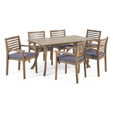 Casa Acacia Patio Dining Set, 6-Seater, 59" Rectangular Table with Carved Legs, Gray Finish, Dark Gray Outdoor Cushions Noble House