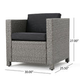 Noble House Puerta Outdoor 6 Seater Wicker Chat Set with Ottomans, Mix Black and Dark Gray