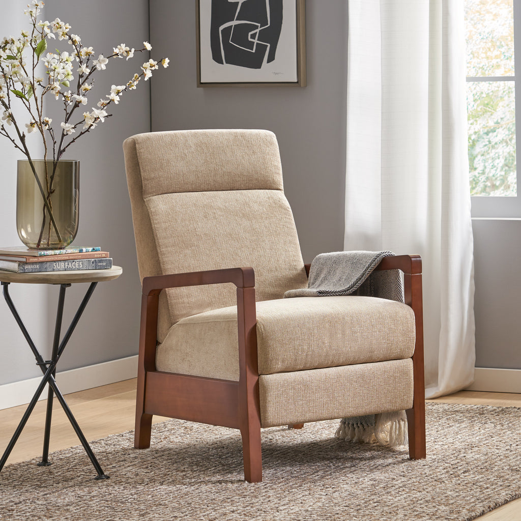 Noble House Neihart Contemporary Fabric Waterfall Back Pushback Recliner, Sand and Brown