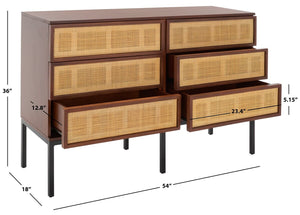 Safavieh Zadie 6 Drawer Rattan Dresser Walnut / Natural Mdf / Pb / Mahogany Wood / Rattan Webbing / Mahogany Vener / Albasia Vener DRS5003F-2BX