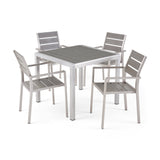 Noble House Cape Coral Outdoor Modern Aluminum 4 Seater Dining Set with Faux Wood Seats, Gray and Silver