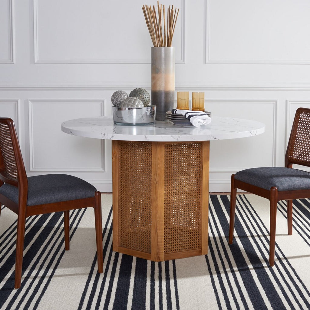Danez Cane Dining Table Faux White & Black Marble Top / Natural Base Wood DTB2100A-2BX