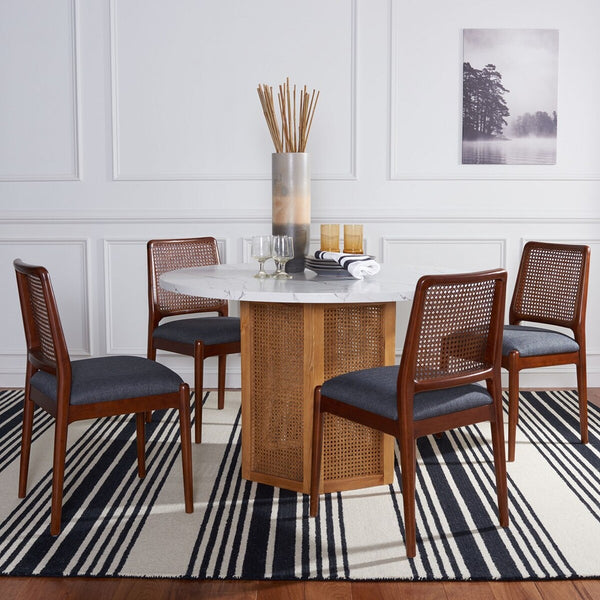 Danez Cane Dining Table Faux White & Black Marble Top / Natural Base Wood DTB2100A-2BX