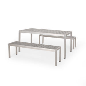 Noble House Cape Coral Outdoor Modern Aluminum Picnic Dining Set with Dining Benches, Gray and Silver