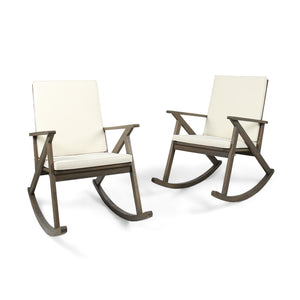 Noble House Gus Outdoor Acacia Wood Rocking Chair with Cushion (Set of 2), Grey and Cream