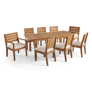 Noble House Nestor Outdoor 8-Seater Acacia Wood Expandable Dining Set, Sandblast Natural and Cream
