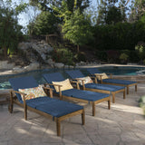 Perla Outdoor Teak Finish Chaise Lounge with Blue Water Resistant Cushion Noble House