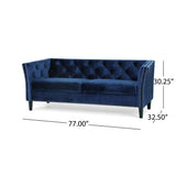 Chatwin Contemporary Tufted Velvet 3 Seater Sofa, Midnight Blue and Dark Brown Noble House