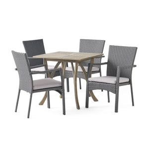 Ferris Outdoor 5 Piece Wood and Wicker Square Dining Set, Gray and Gray Noble House