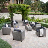 Noble House Puerta Outdoor 8 Piece Dark Grey Wicker Chat Set with Mixed Black Water Resistant Cushions