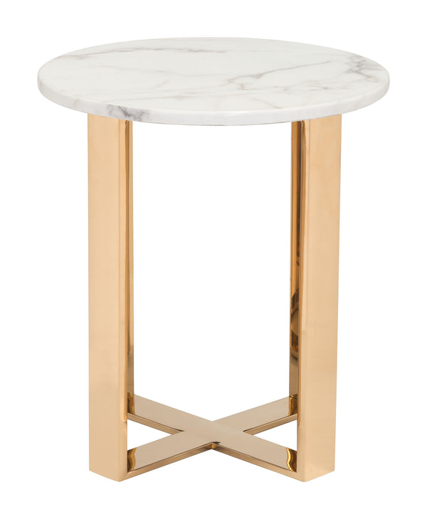 Zuo Modern Atlas Composite Stone, Stainless Steel Modern Commercial Grade End Table White, Gold Composite Stone, Stainless Steel