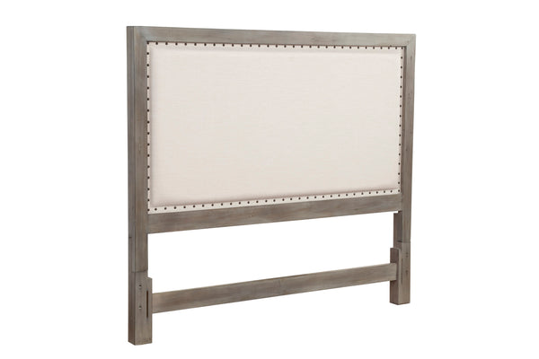 Classic California King Headboard – Elegant Pine & Linen Upholstered Design with Antique Gray Finish