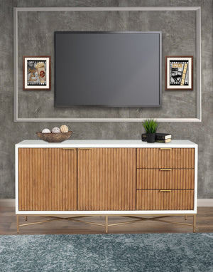 Larsen TV Console - Elegant White Mahogany with Gold Accents, Fully Assembled & Stylish Design