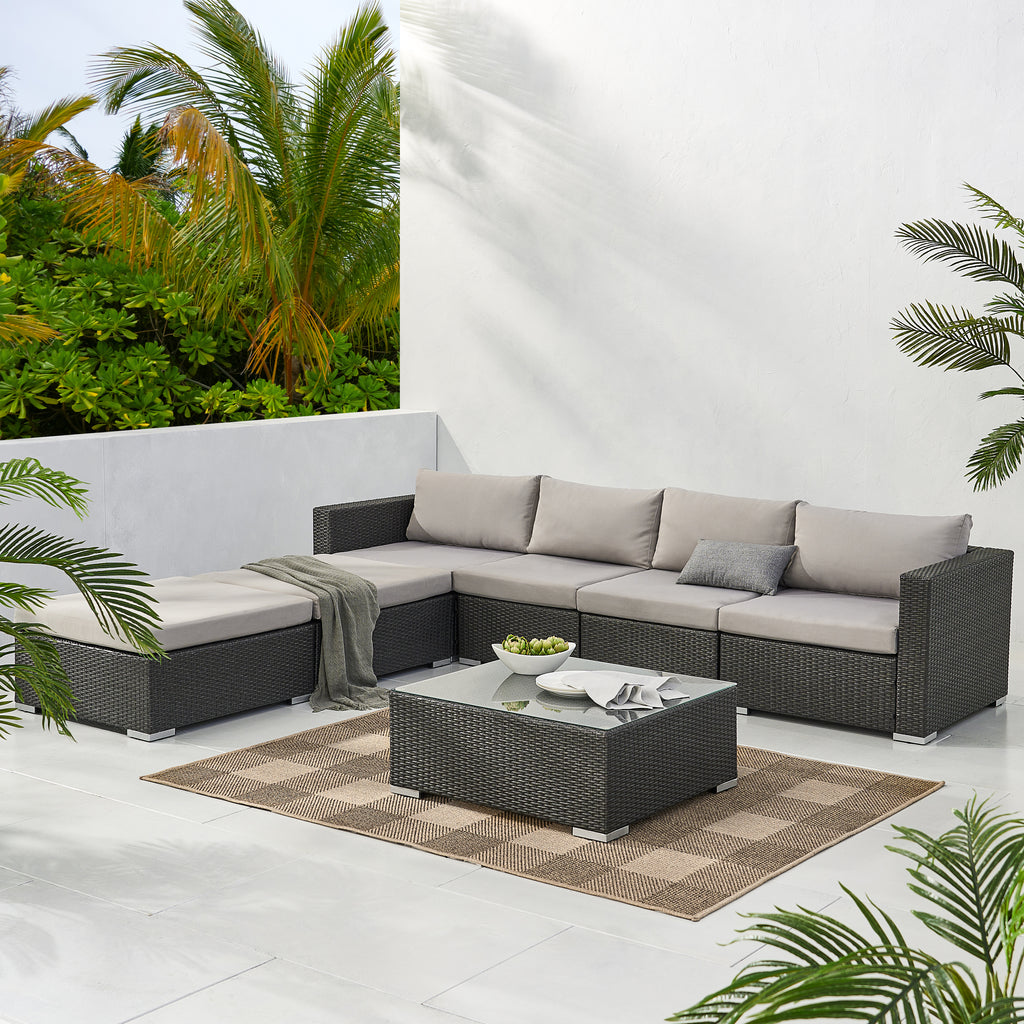 Santa Rosa Outdoor 6 Seater Grey Wicker Sectional Sofa with Aluminum Frame and Silver Water Resistant Cushions Noble House