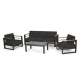 Giovanna Outdoor Aluminum 5 Seater Chat Set with Water Resistant Cushions, Black, Natural, and Dark Gray