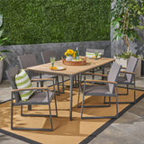 Noble House Westcott Outdoor 7 Piece Aluminum and Mesh Dining Set with Wood Top, Natural Finish and Gray