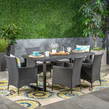 Moralis Outdoor 6-Seater Acacia Wood Dining Set with Wicker Chairs, Sandblast Dark Gray Finish and Gray and Silver Noble House