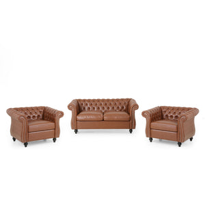 Silverdale Traditional Chesterfield Loveseat and Club Chair Set, Cognac Brown and Dark Brown Noble House