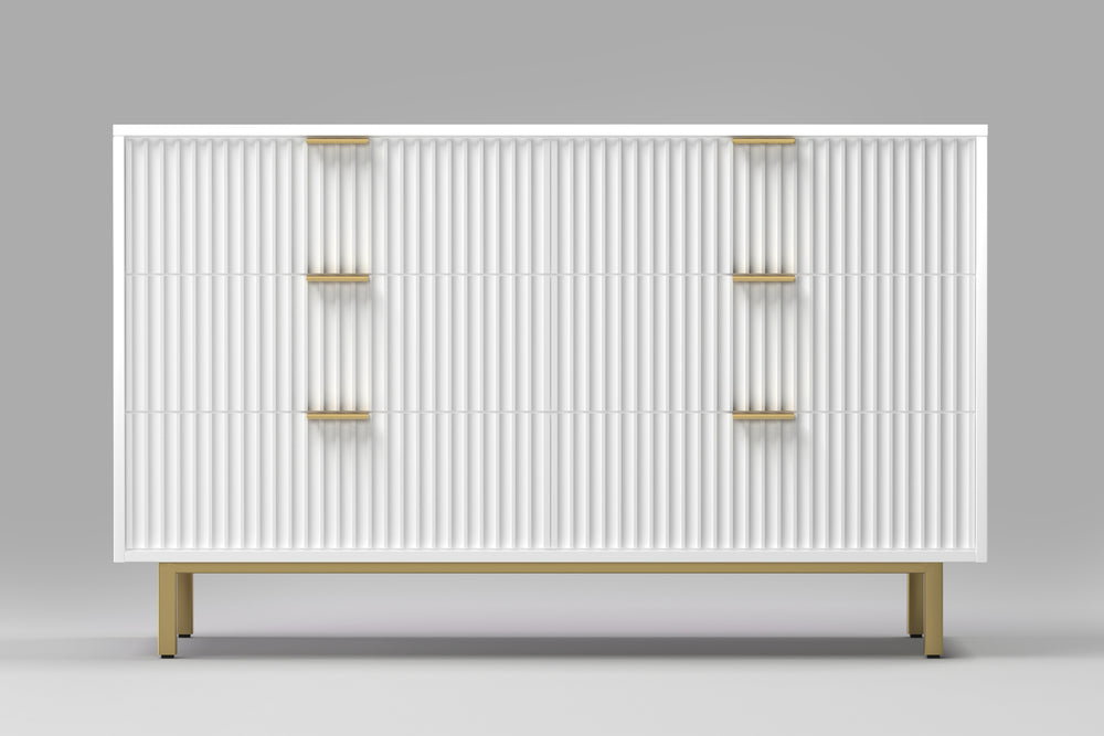 Casey Dresser - Elegant White Mahogany with Textured Drawers, Gold Legs, and Fully Assembled Design