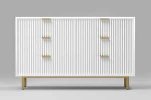 Casey Dresser - Elegant White Mahogany with Textured Drawers, Gold Legs, and Fully Assembled Design