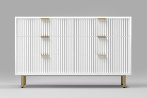 Casey Dresser - Elegant White Mahogany with Textured Drawers, Gold Legs, and Fully Assembled Design
