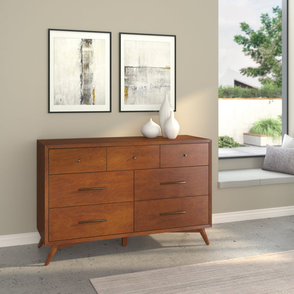 Alpine Furniture Flynn Mid Century Modern 7 Drawer Dresser, Acorn 966-03 Acorn Mahogany Solids & Okoume Veneer 56 x 19 x 36.5