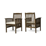 Casa Acacia Patio Dining Chairs, Acacia Wood with Outdoor Cushions, Gray and Cream Noble House