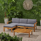 Santa Ana Outdoor 3 Seater Acacia Wood Sofa Sectional with Cushions, Teak and Dark Gray Noble House