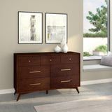 Alpine Furniture Flynn Mid Century Modern 7 Drawer Dresser, Walnut 966WAL-03 Walnut Mahogany Solids & Okoume Veneer 56 x 19 x 36.5