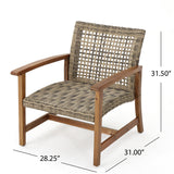 Hampton Outdoor 4 Piece Grey Wicker Chat Set with Natural Stained Acacia Wood Frame Noble House