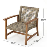 Hampton Outdoor 4 Piece Wood and Wicker Club Chair Set with Fire Pit, Natural with Gray and Brown Noble House