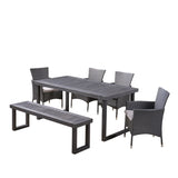 Noble House Moralis Outdoor 6-Seater Aluminum Dining Set with Wicker Chairs and Bench, Sandblast Dark Gray and Gray and Silver