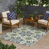 Gladis Outdoor 5'3" x 7' Medallion Area Rug, Ivory and Blue Noble House