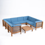 Oana Outdoor U-Shaped Sectional Sofa Set with Coffee Table - 9-Piece 8-Seater - Acacia Wood - Outdoor Cushions - Teak and Blue Noble House