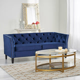 Chatwin Contemporary Tufted Velvet 3 Seater Sofa, Midnight Blue and Dark Brown Noble House