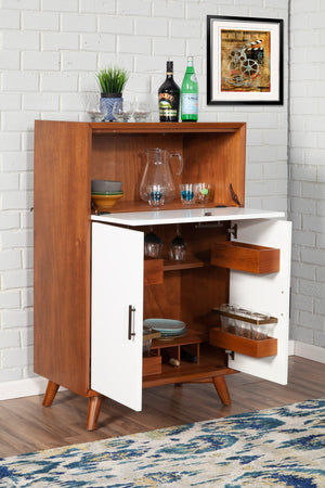Alpine Furniture Flynn Large Bar Cabinet w/Drop Down Tray, Acorn/White 999-16 Acorn & White Mahogany Solids & Okoume Veneer 32 x 19 x 51