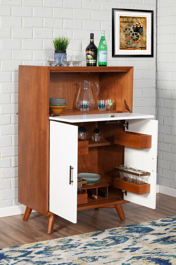 Alpine Furniture Flynn Large Bar Cabinet w/Drop Down Tray, Acorn/White 999-16 Acorn & White Mahogany Solids & Okoume Veneer 32 x 19 x 51