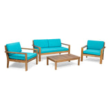 Santa Ana Outdoor 4 Seater Acacia  Wood Chat Set with Cushions, Teak and Teal Noble House