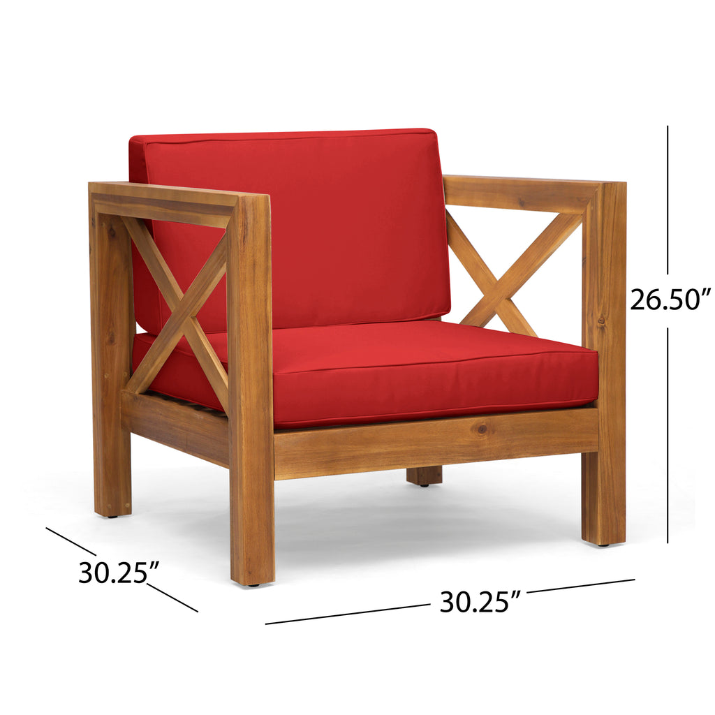 Brava Outdoor Acacia Wood Club Chairs with Cushions, Teak Finish and Red Noble House