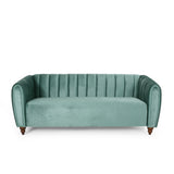 Richland Modern Glam Velvet Channel Stitch 3 Seater Sofa, Turquoise and Walnut Noble House