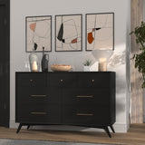 Alpine Furniture Flynn Mid Century Modern 7 Drawer Dresser, Black 966BLK-03 Black Mahogany Solids & Okoume Veneer 56 x 19 x 36.5