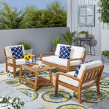 Grenada Patio Conversation Set with Coffee Table, 4-Seater, Acacia Wood, Teak Finish with Beige Outdoor Cushions Noble House