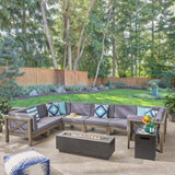 Thasos Outdoor Farmhouse Acacia Wood 8 Seater U-Shaped Sectional Sofa Set with Fire Pit, Gray and Dark Gray Noble House