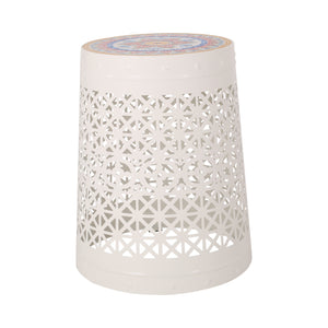 Noble House Cranbrook Outdoor Lace Cut Side Table with Tile Top, White and Multi-Color