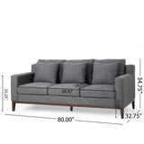 Elliston Contemporary Fabric 3 Seater Sofa with Accent Pillows, Charcoal and Dark Walnut Noble House